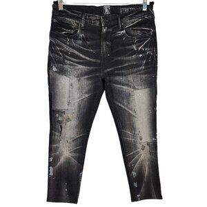 PRPS Men's Windsor Tapered Skinny Stretch Jeans Black Patch Thrashed‎ Denim 33